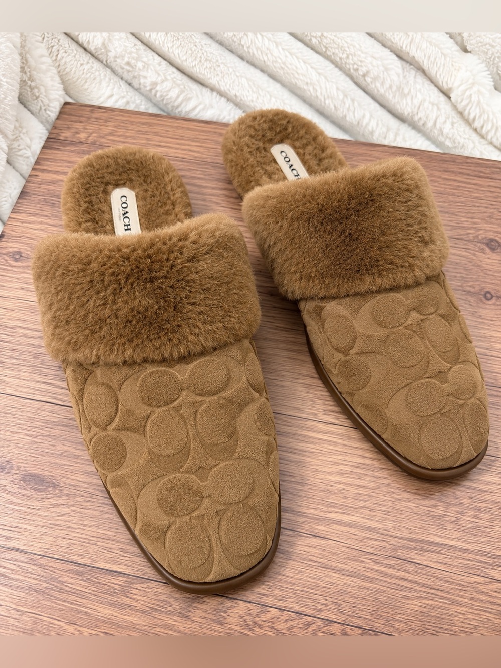 COACH Tan Suede Logo Fur-Trim Slide Mules